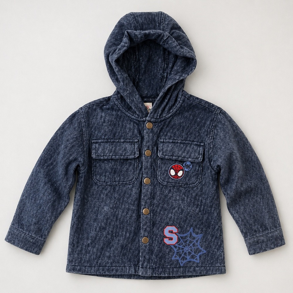 Marvel Spider-Man Toddler Jacket Hoodie 4T Denim Look Snap Button Hooded Coat